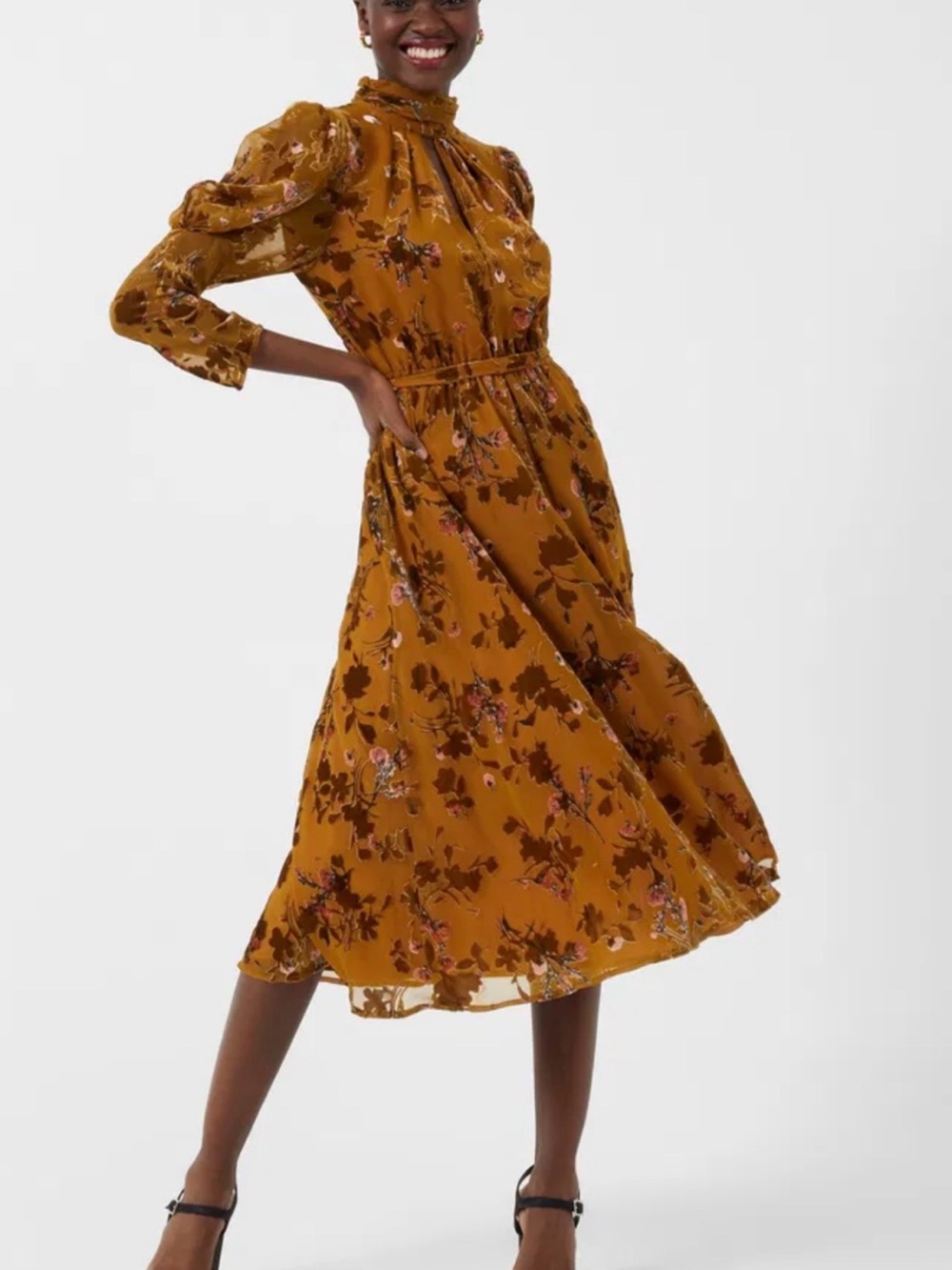 French Connection Gold/Mustard Floral High-Neck Midi Dress